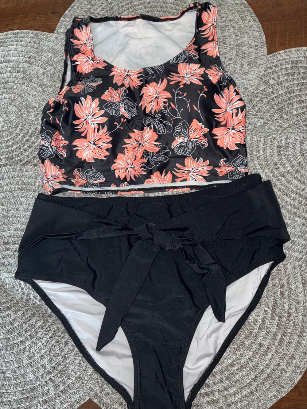 Girls Black Floral Two-Piece One-Piece Style Swimsuit - Black & Coral
